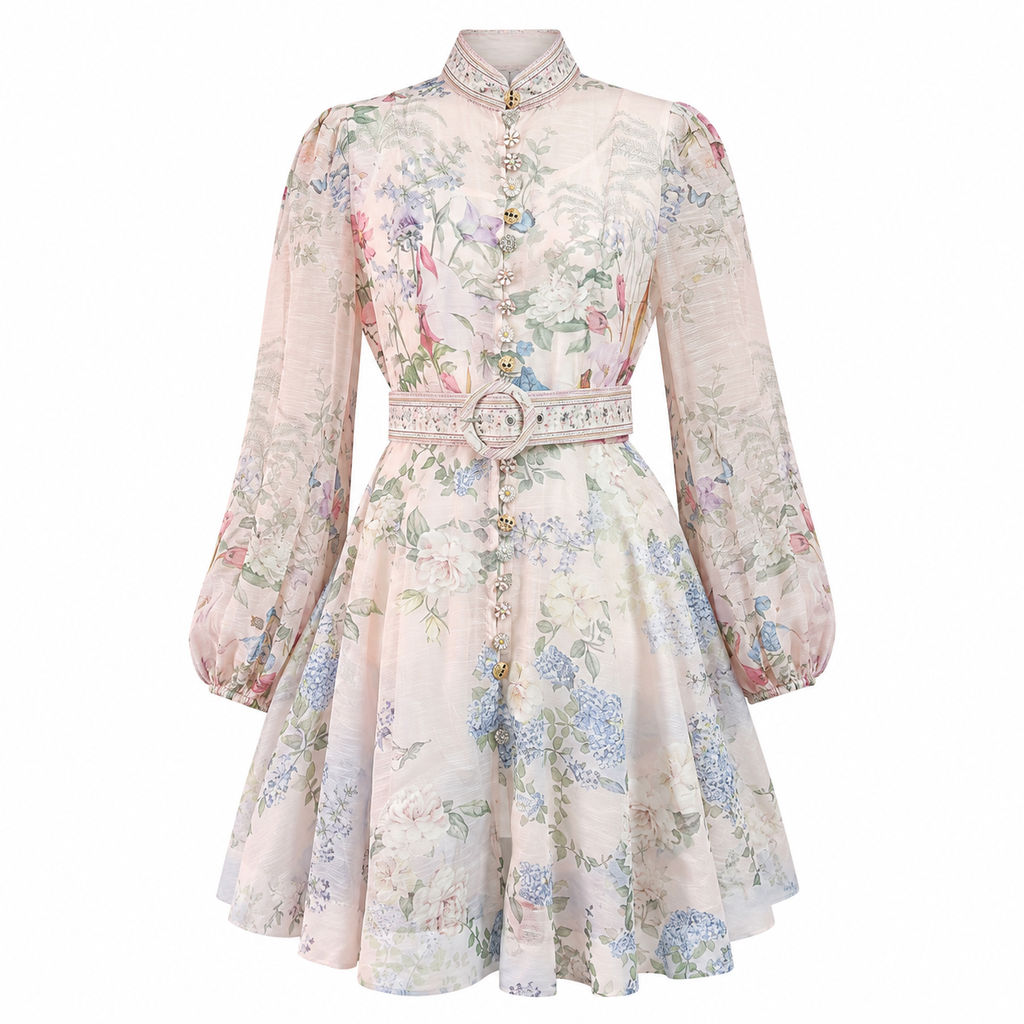 Zimmermann-Inspired Floral Print Belted Chiffon Mini Dress with Long Lantern Sleeves