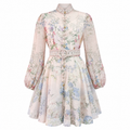Zimmermann-Inspired Floral Print Belted Chiffon Mini Dress with Long Lantern Sleeves