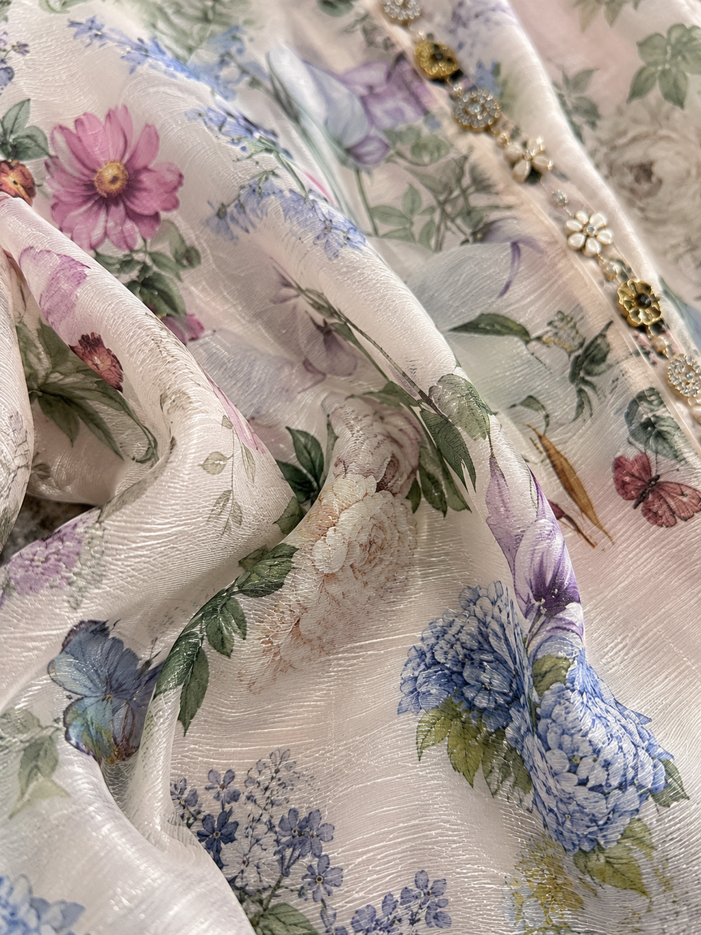 Zimmermann-Inspired Floral Print Belted Chiffon Mini Dress with Long Lantern Sleeves