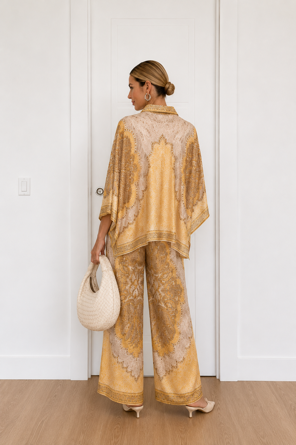Golden Paisley Print Relaxed Shirt & Matching Wide-Leg Trouser Co-Ord Outfit
