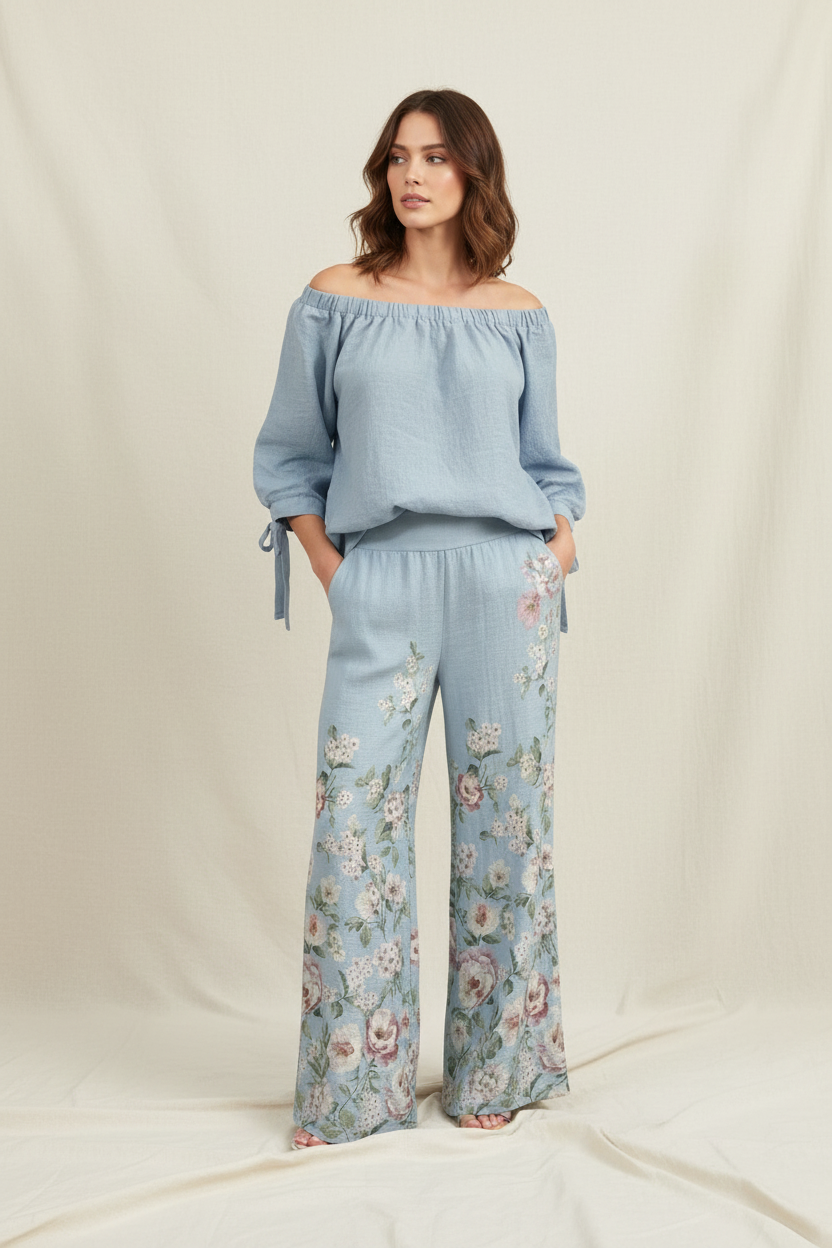 Floral Off-Shoulder Two-Piece Pants Set