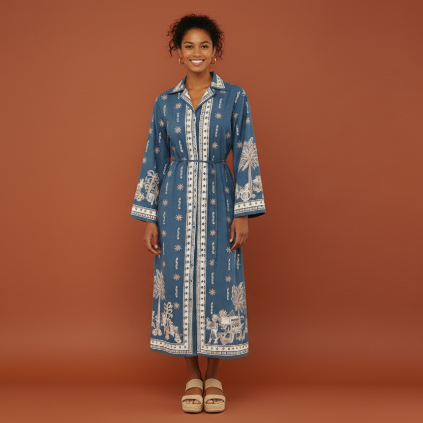 Blue Linen Long Sleeve Midi Dress