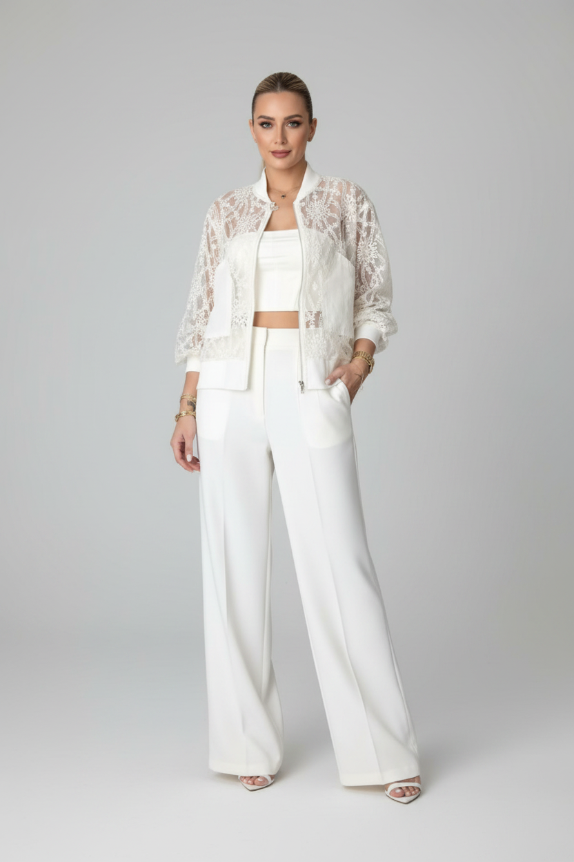 Sheer Floral Lace Zip-Up Bomber Jacket