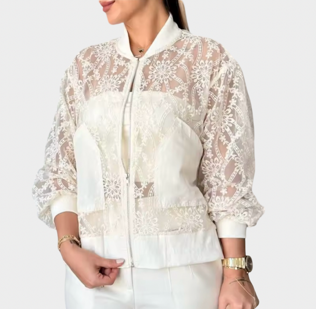 Sheer Floral Lace Zip-Up Bomber Jacket