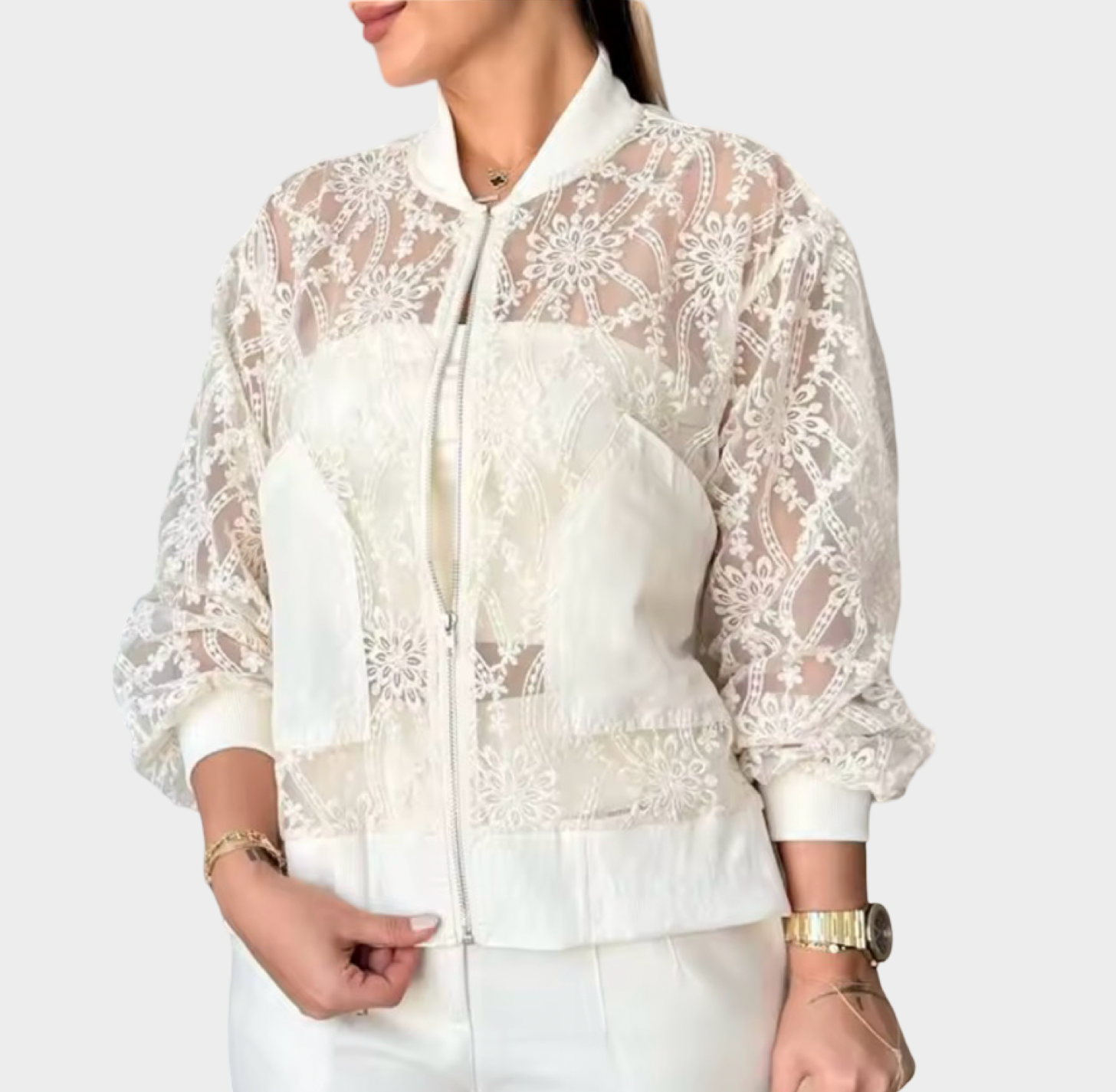 Sheer Floral Lace Zip-Up Bomber Jacket