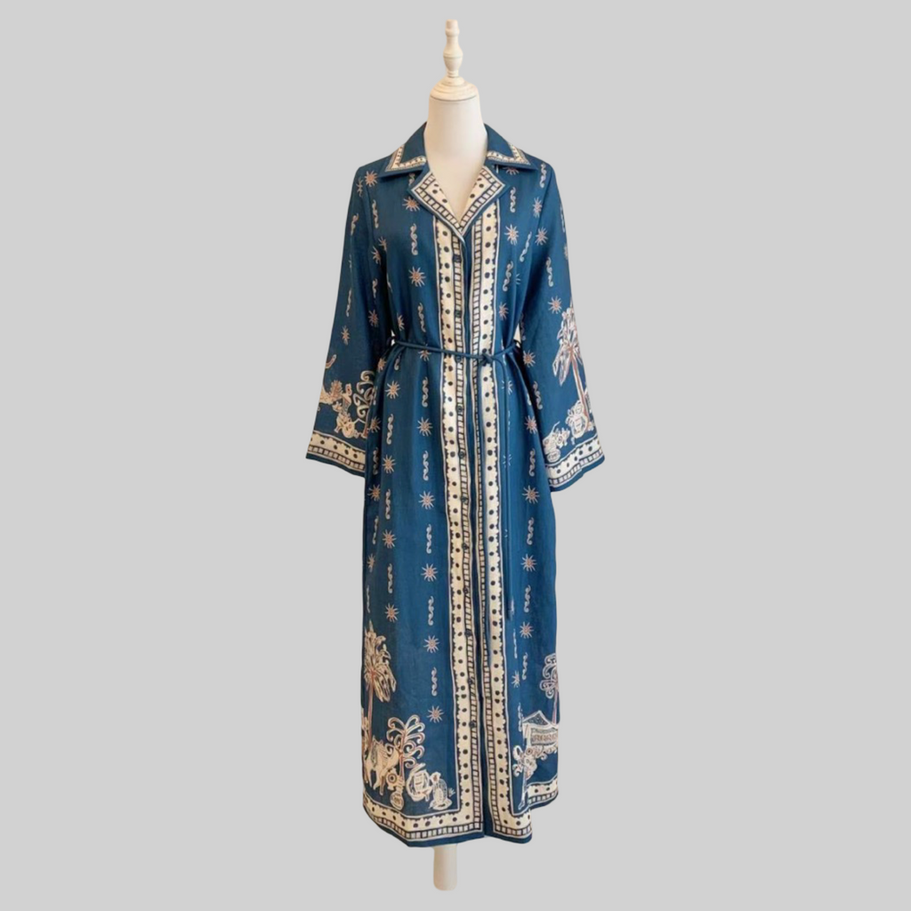 Blue Linen Long Sleeve Midi Dress