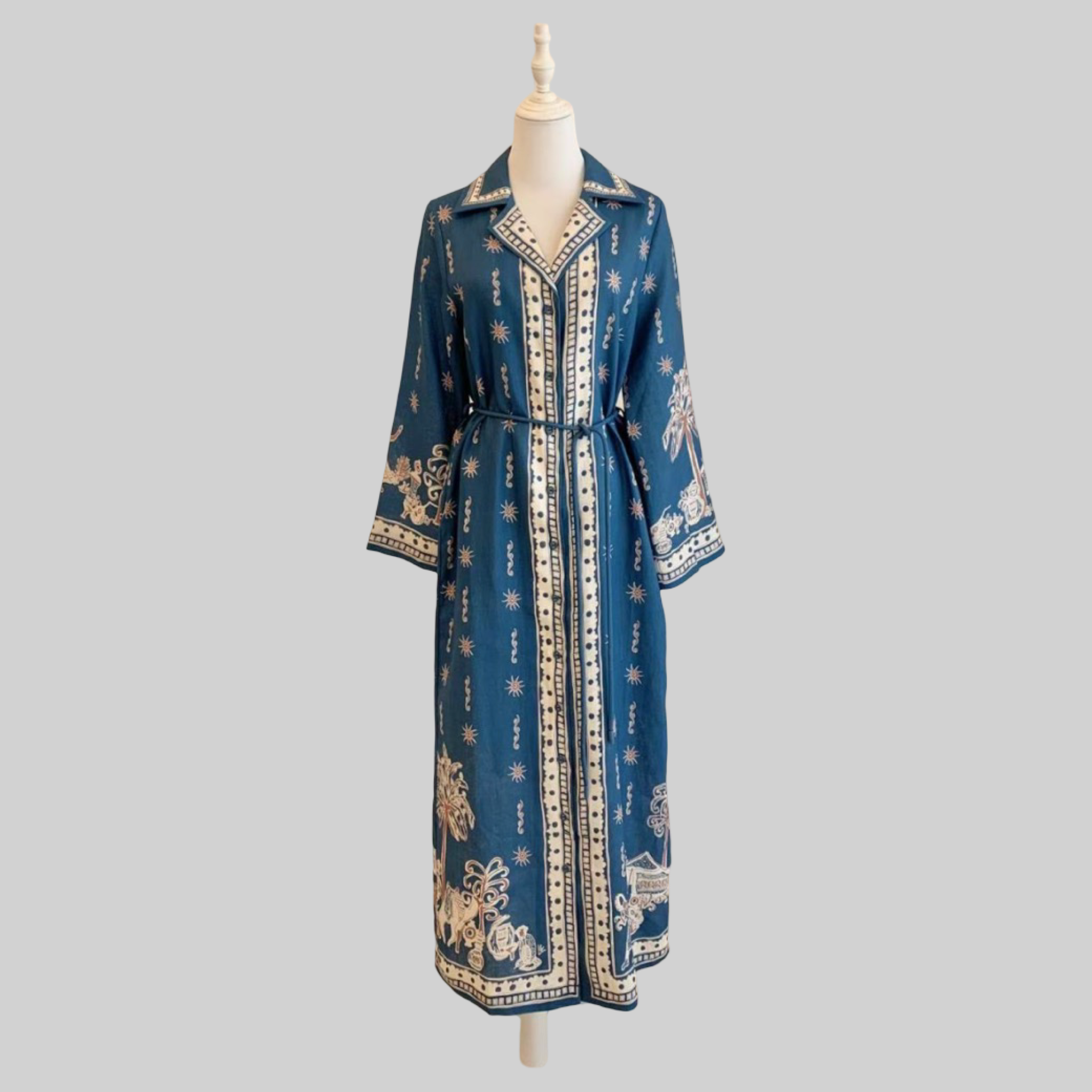 Blue Linen Long Sleeve Midi Dress