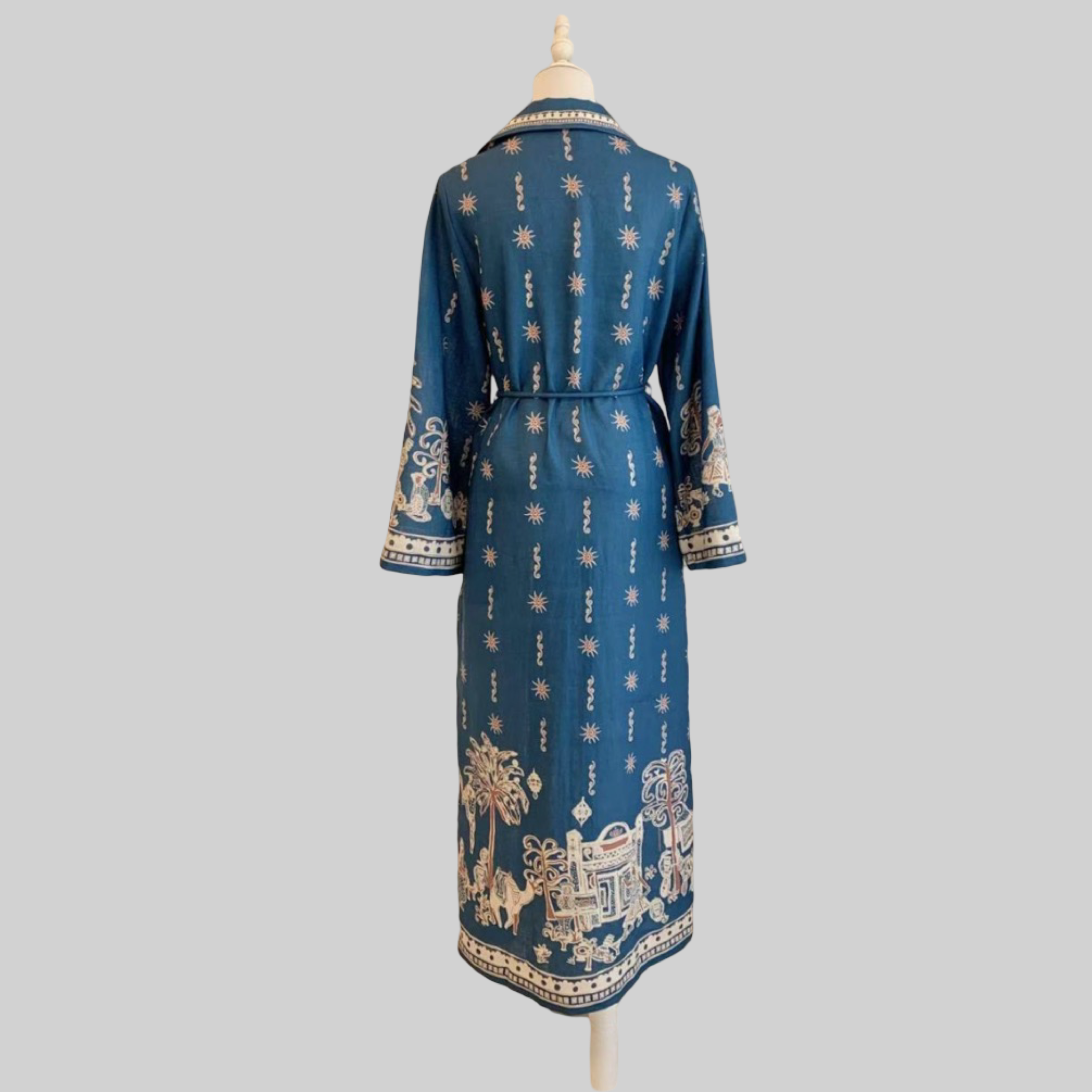 Blue Linen Long Sleeve Midi Dress