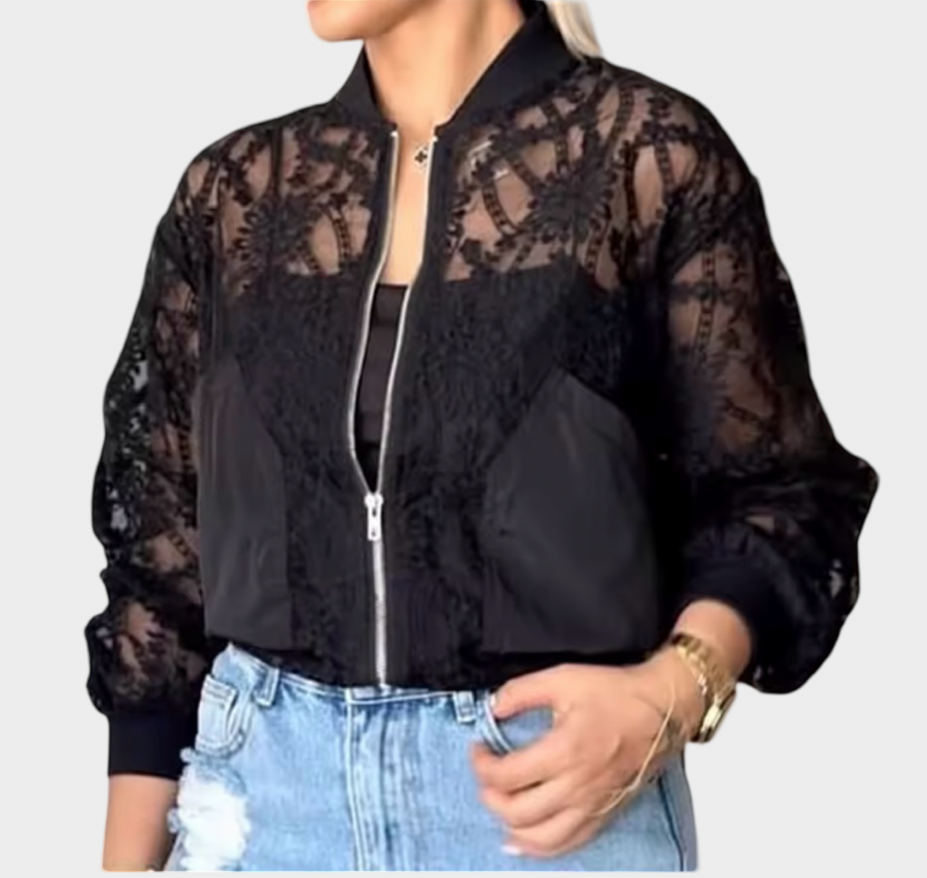 Sheer Floral Lace Zip-Up Bomber Jacket