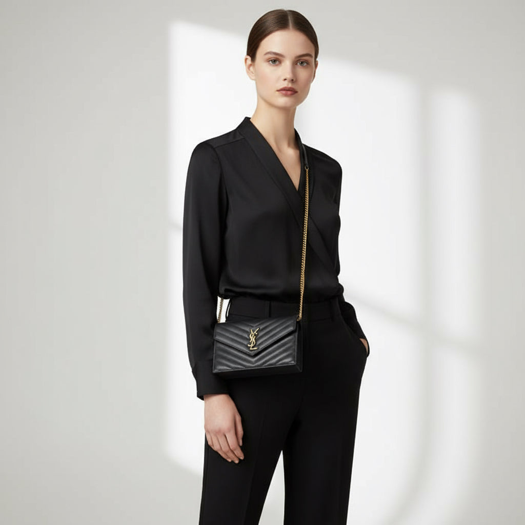 SAINT LAURENT – Envelope Cassandra Chain Wallet – Black Calfskin with Gold-Tone Hardware – 100% Authentic ✨Previously Owned A Rank ~38% Off MSRP