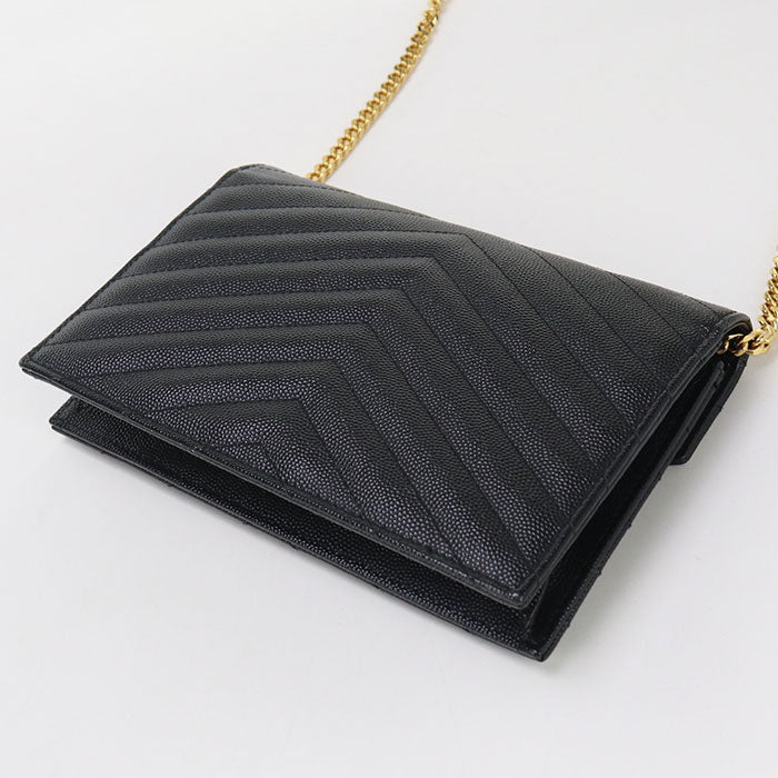 SAINT LAURENT – Envelope Cassandra Chain Wallet – Black Calfskin with Gold-Tone Hardware – 100% Authentic ✨Previously Owned A Rank ~38% Off MSRP