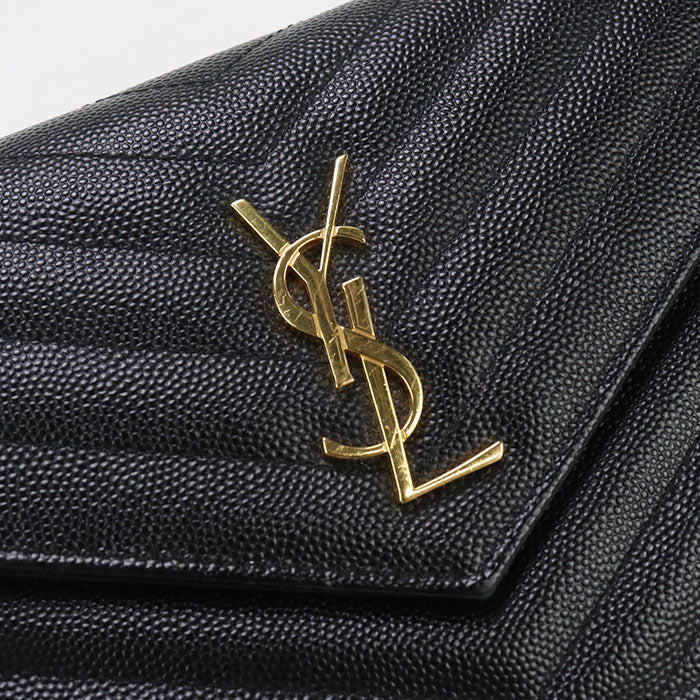 SAINT LAURENT – Envelope Cassandra Chain Wallet – Black Calfskin with Gold-Tone Hardware – 100% Authentic ✨Previously Owned A Rank ~38% Off MSRP