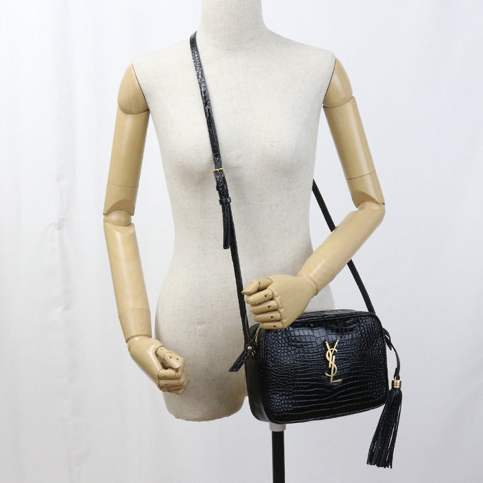 SAINT LAURENT – Diagonal Shoulder Bag – Croco-Embossed Black Leather – Italy – 100% Authentic Previously Owned Very Good Condition ~39% Off MSRP