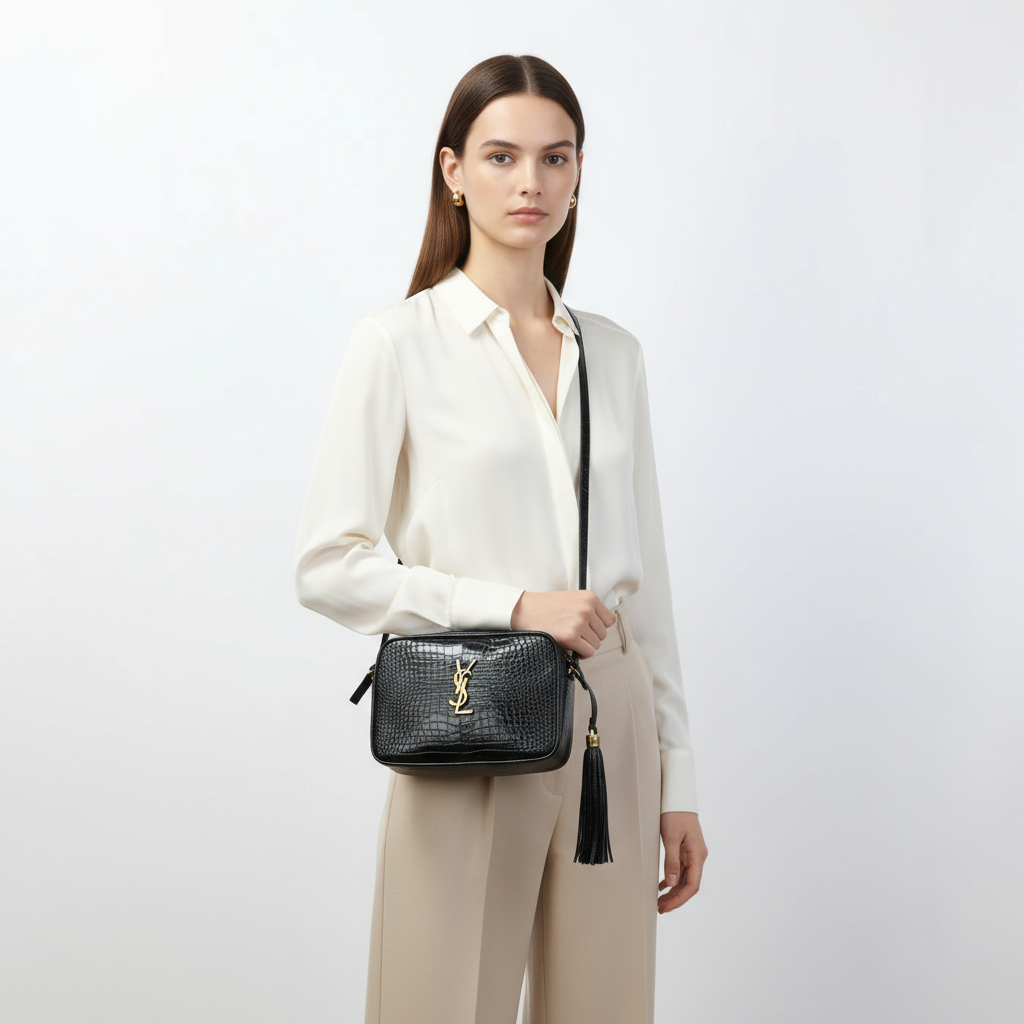 SAINT LAURENT – Diagonal Shoulder Bag – Croco-Embossed Black Leather – Italy – 100% Authentic Previously Owned Very Good Condition ~39% Off MSRP