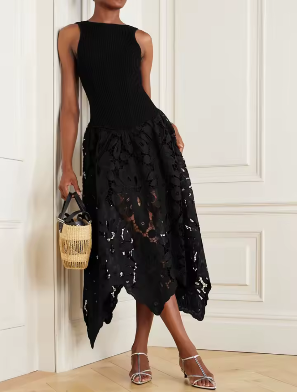 Black Openwork A-Line Sleeveless Lace Midi Dress
