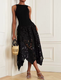 Black Openwork A-Line Sleeveless Lace Midi Dress