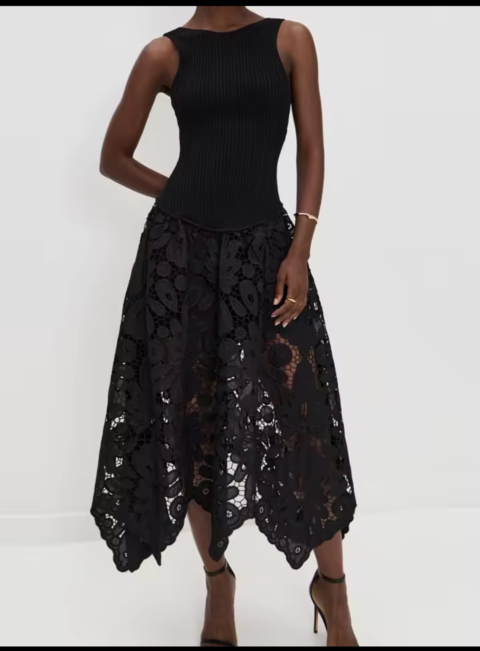 Black Openwork A-Line Sleeveless Lace Midi Dress