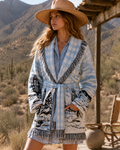 Desert Landscape Fringed Belted Knit Cardigan – Western-Inspired Blue & White Wrap Sweater
