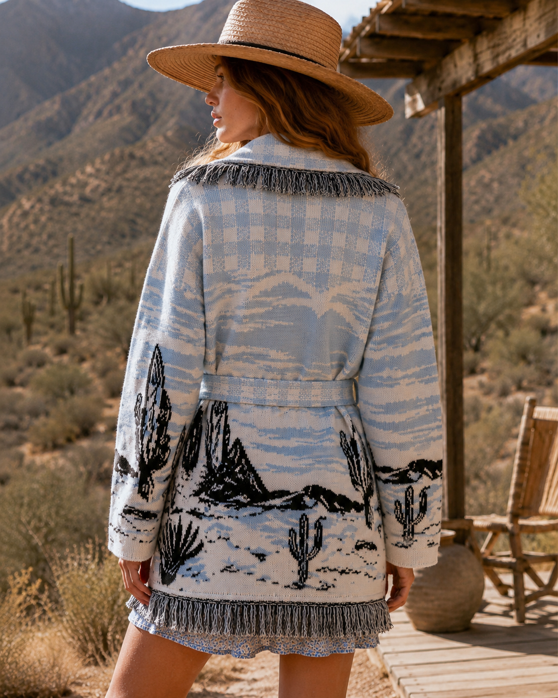 Desert Landscape Fringed Belted Knit Cardigan – Western-Inspired Blue & White Wrap Sweater