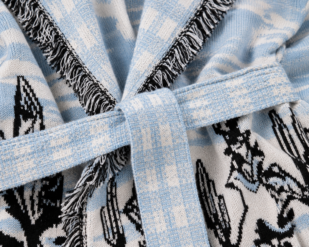 Desert Landscape Fringed Belted Knit Cardigan – Western-Inspired Blue & White Wrap Sweater