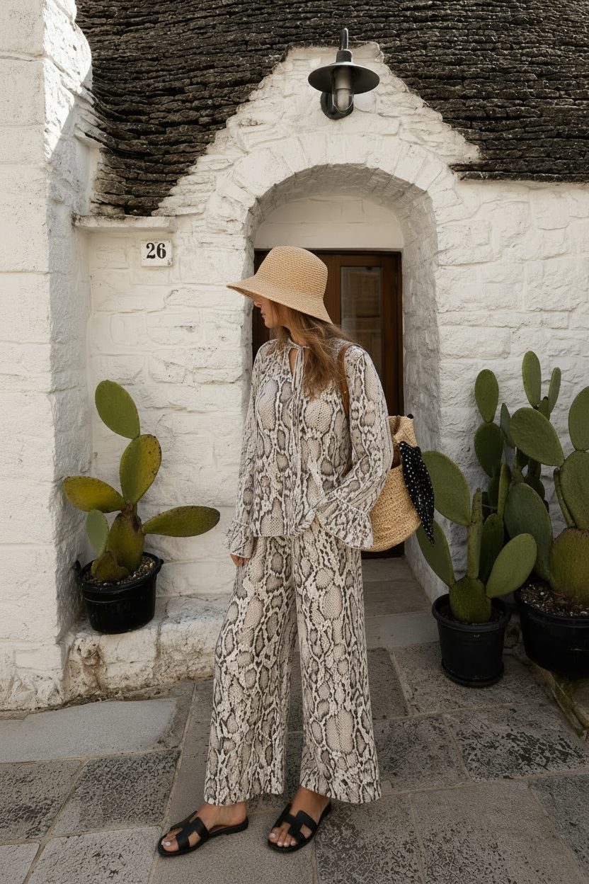 Snake Print Bell Sleeve Blouse | Women’s Lightweight Woven Crew Neck Top & Matching pants Inspired Vintage Outfit | Loose Fit