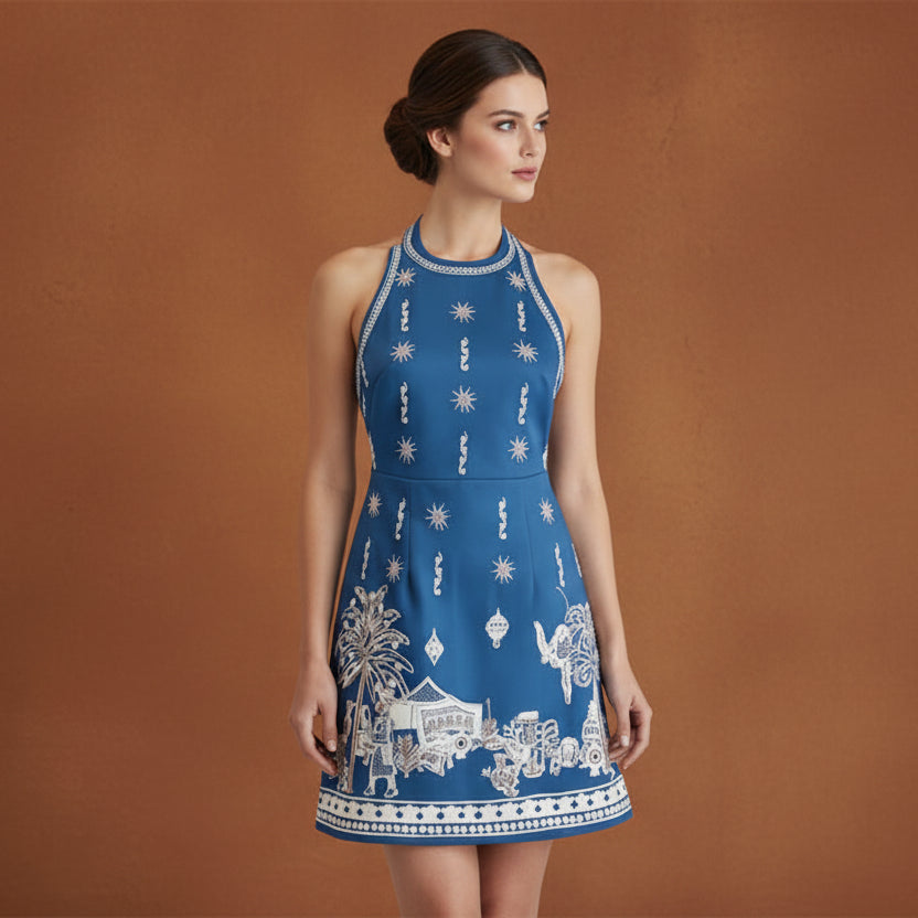 Backless Blue Linen Print Halter Neck Mini Dress