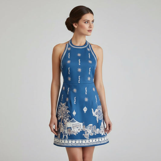 Blue Linen Print Halter Neck Mini Dress - Backless Sleeveless Resort and Summer