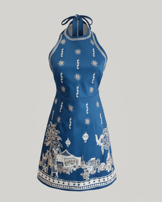 Backless Blue Linen Print Halter Neck Mini Dress