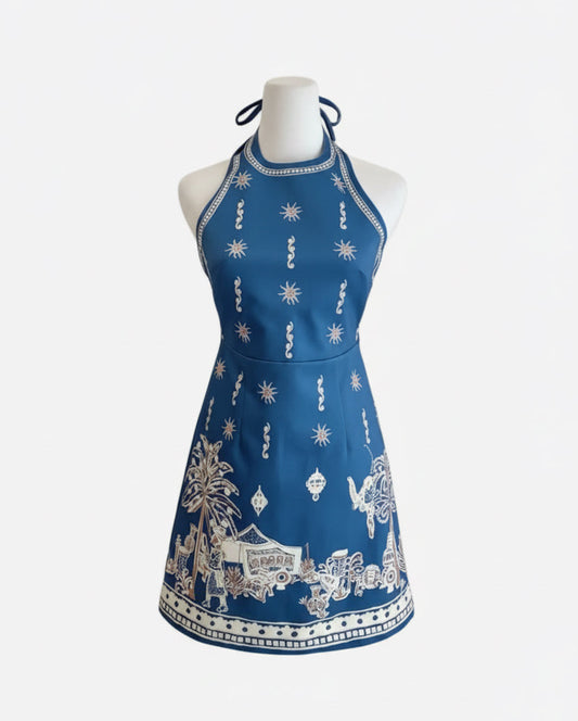 Blue Linen Print Halter Neck Mini Dress - Backless Sleeveless Resort and Summer