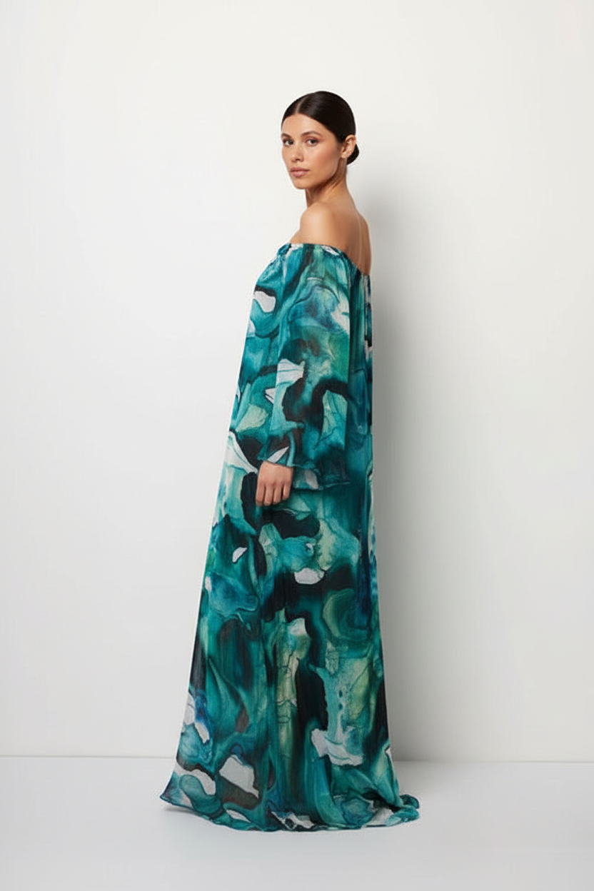 Off-Shoulder Pleated Maxi Dress