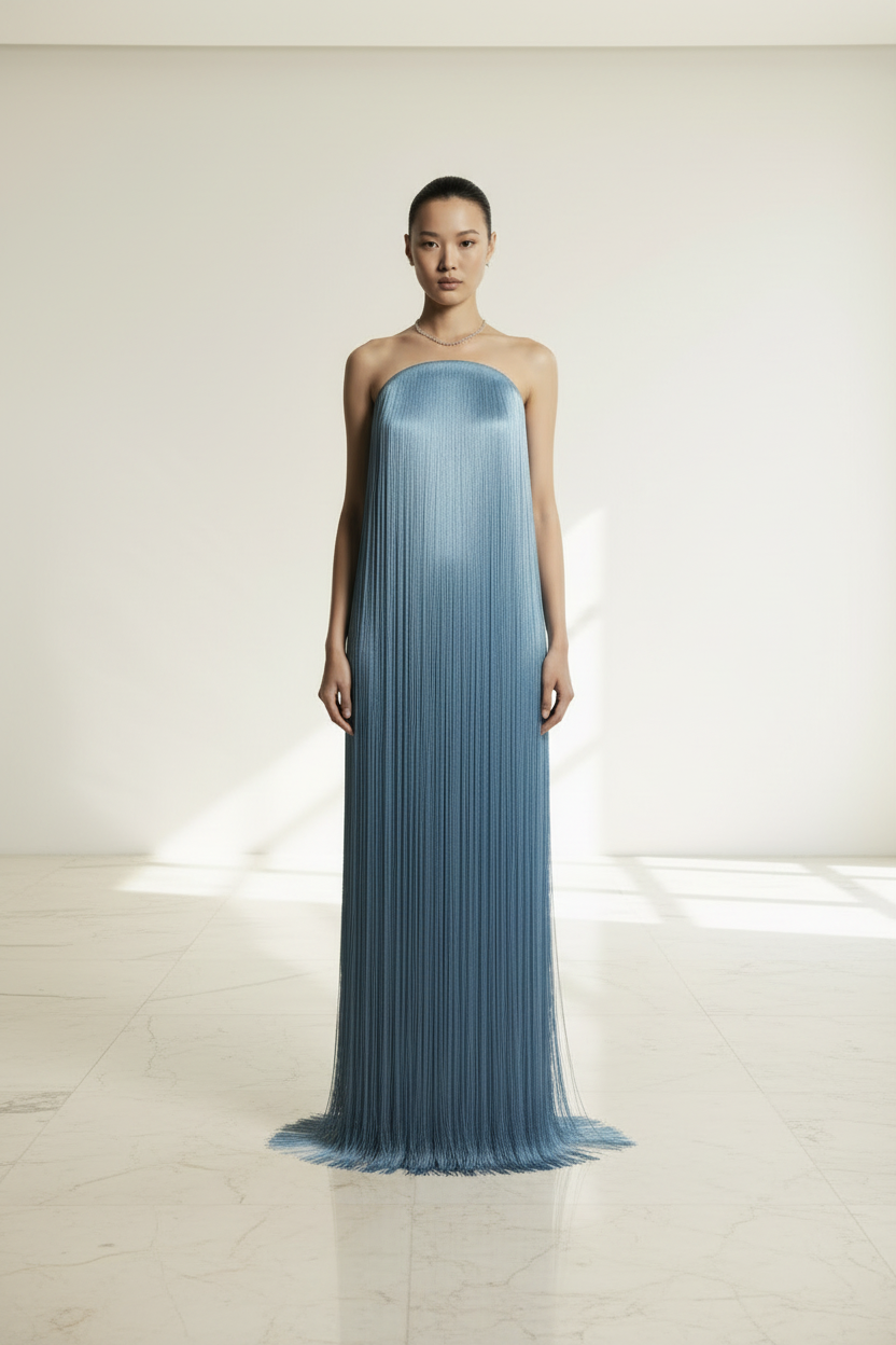 Blue Ombré Strapless Fringe Evening Gown