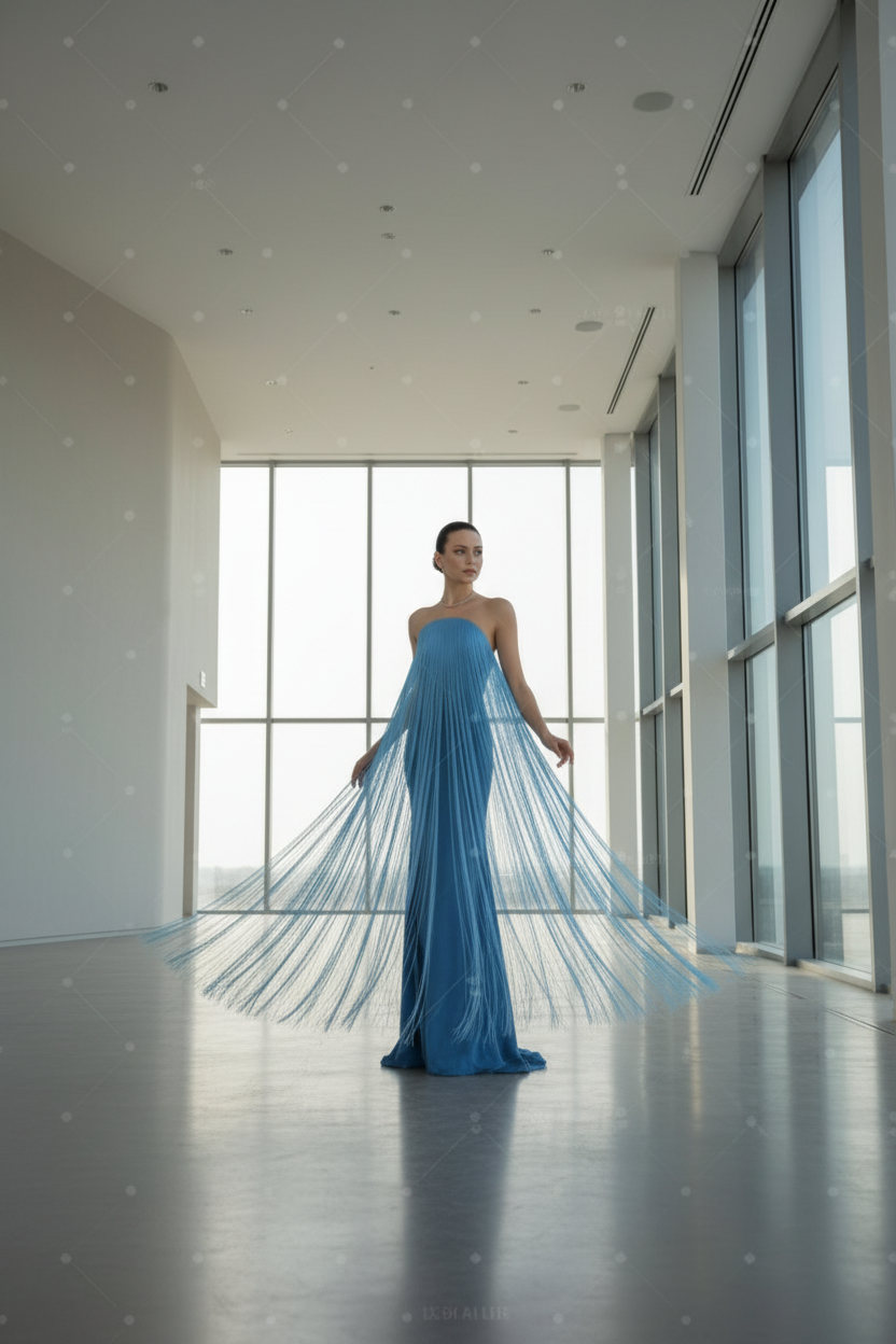 Blue Ombré Strapless Fringe Evening Gown