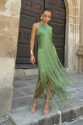 Green Halter Tassel Fringe Long Dress – Floor-Length Evening Guest Dress