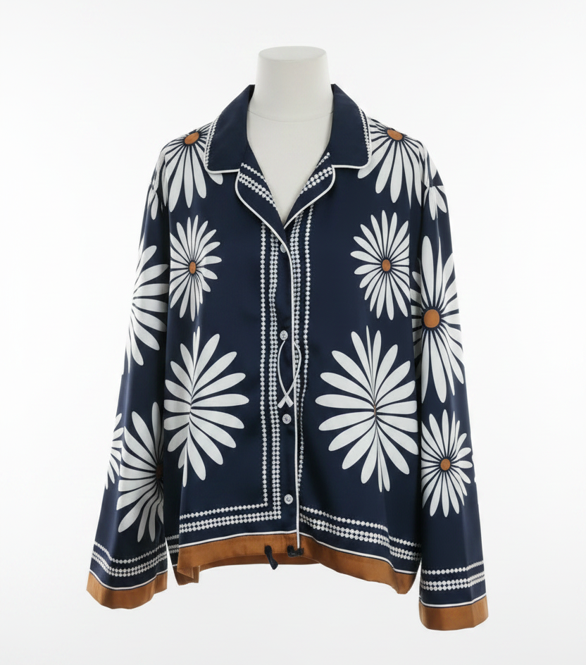 Daisy Print Cropped Blouse in Navy Floral – Loose Fit Long Sleeve Shirt