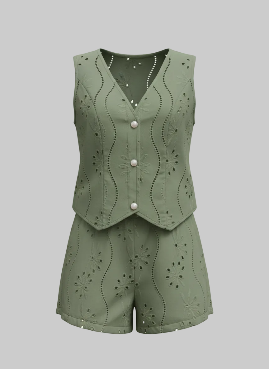 Eyelet Embroidered V-Neck Sleeveless Shorts Two-Piece Set