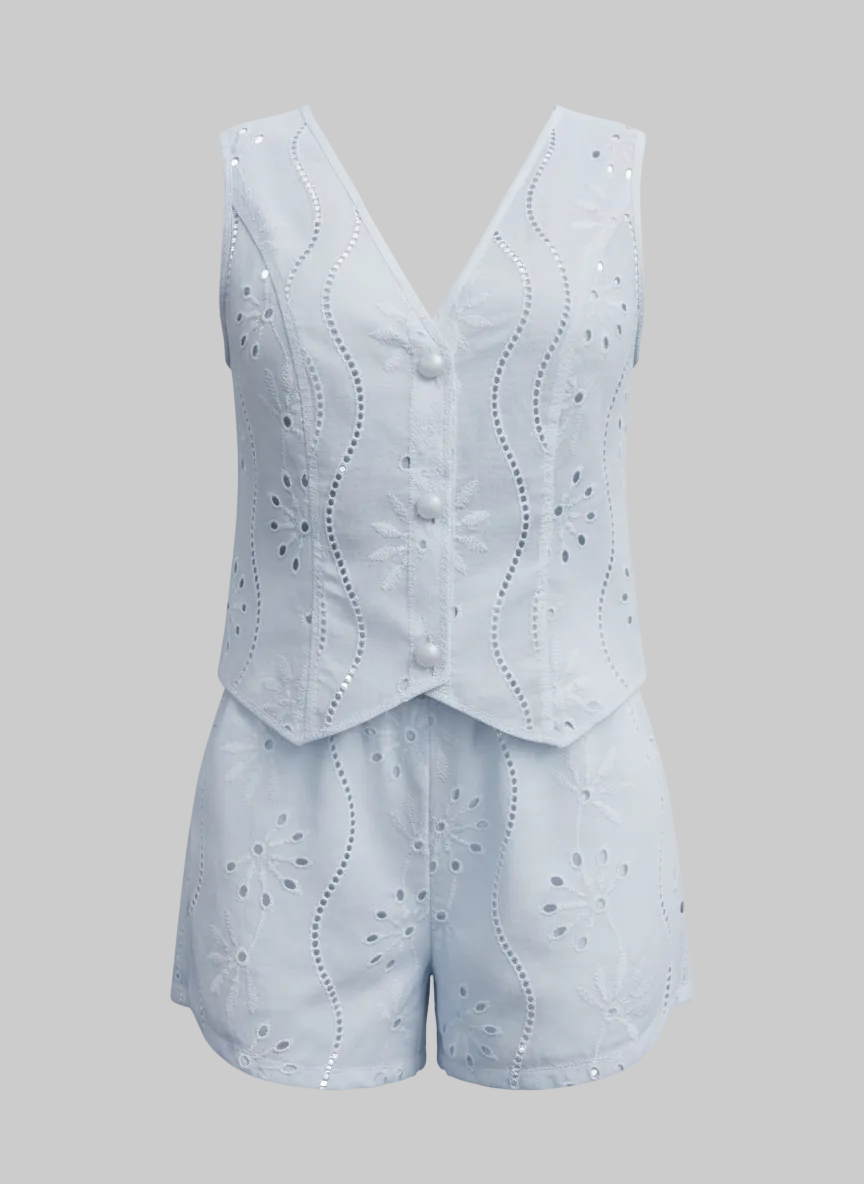 Eyelet Embroidered V-Neck Sleeveless Shorts Two-Piece Set