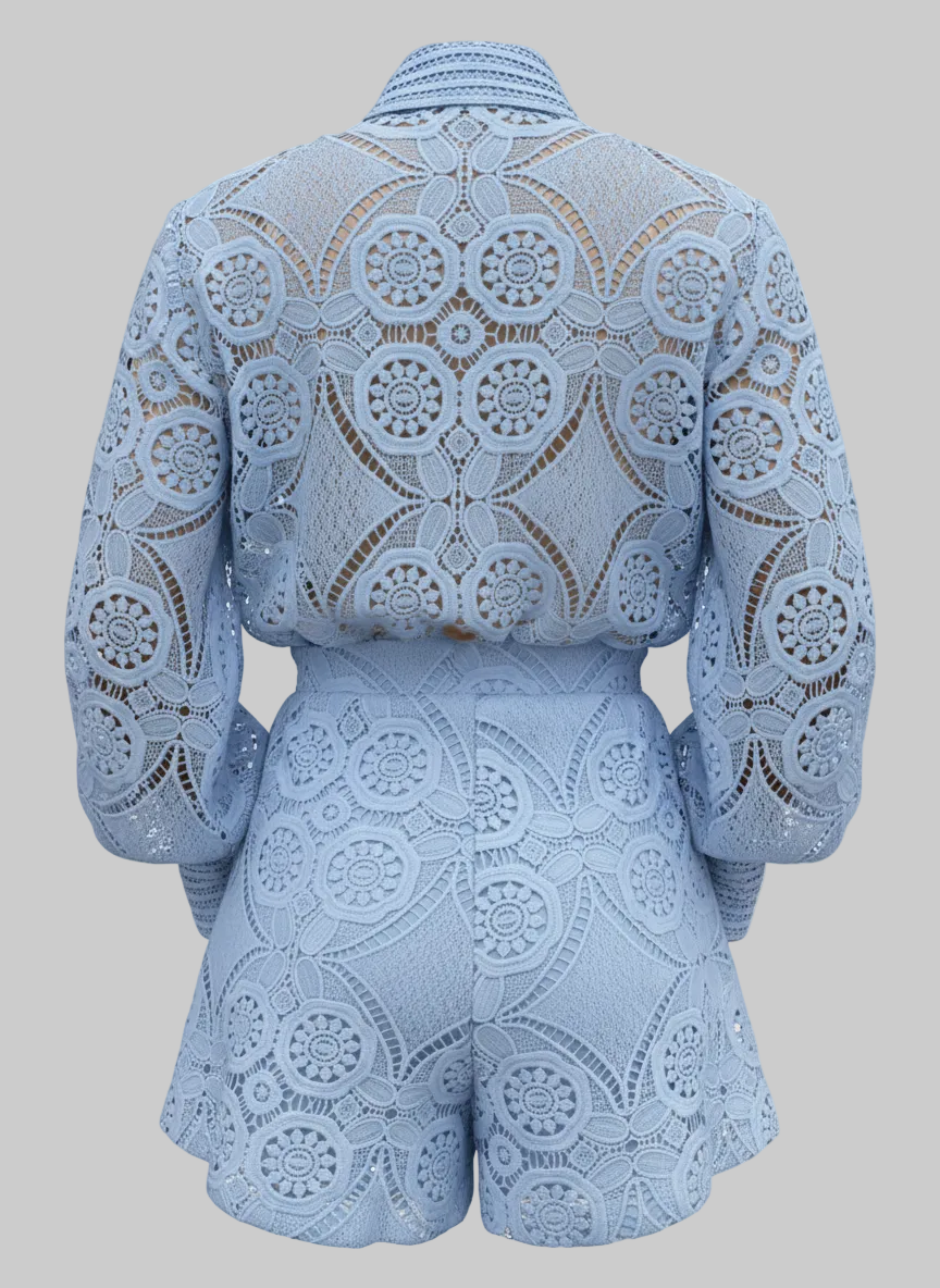 Lace Embroidered Short Balloon-Sleeve Romper