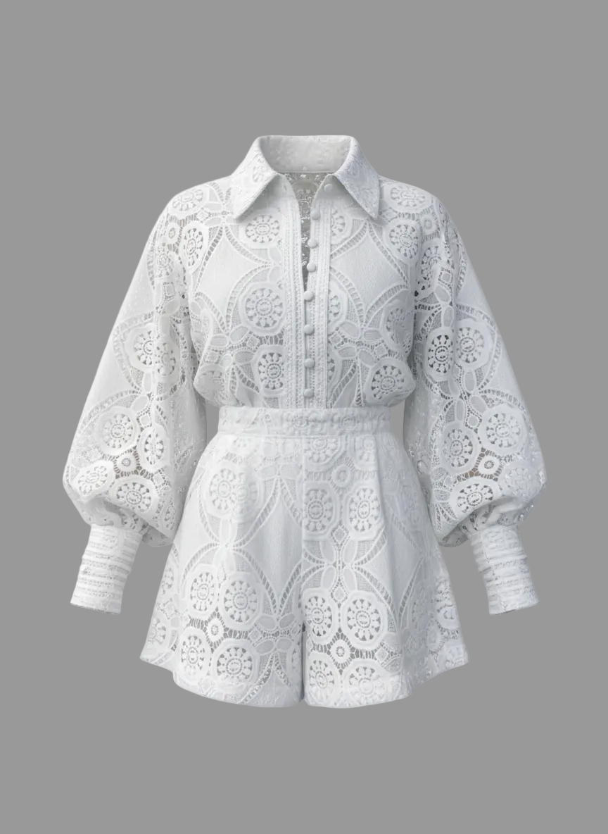 Lace Embroidered Short Balloon-Sleeve Romper