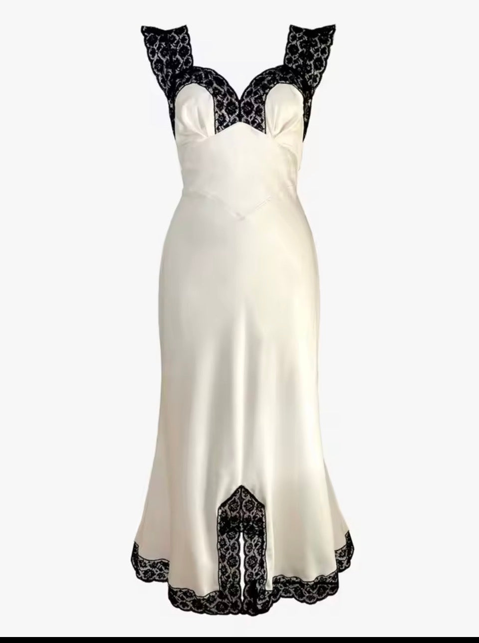 Satin Sleeveless V-Neck Lace black Trimmed Maxi Dress