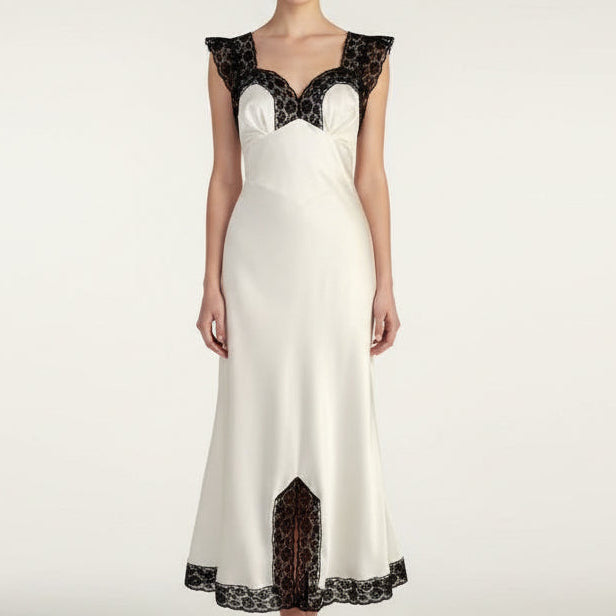 Satin Sleeveless V-Neck Lace black Trimmed Maxi Dress