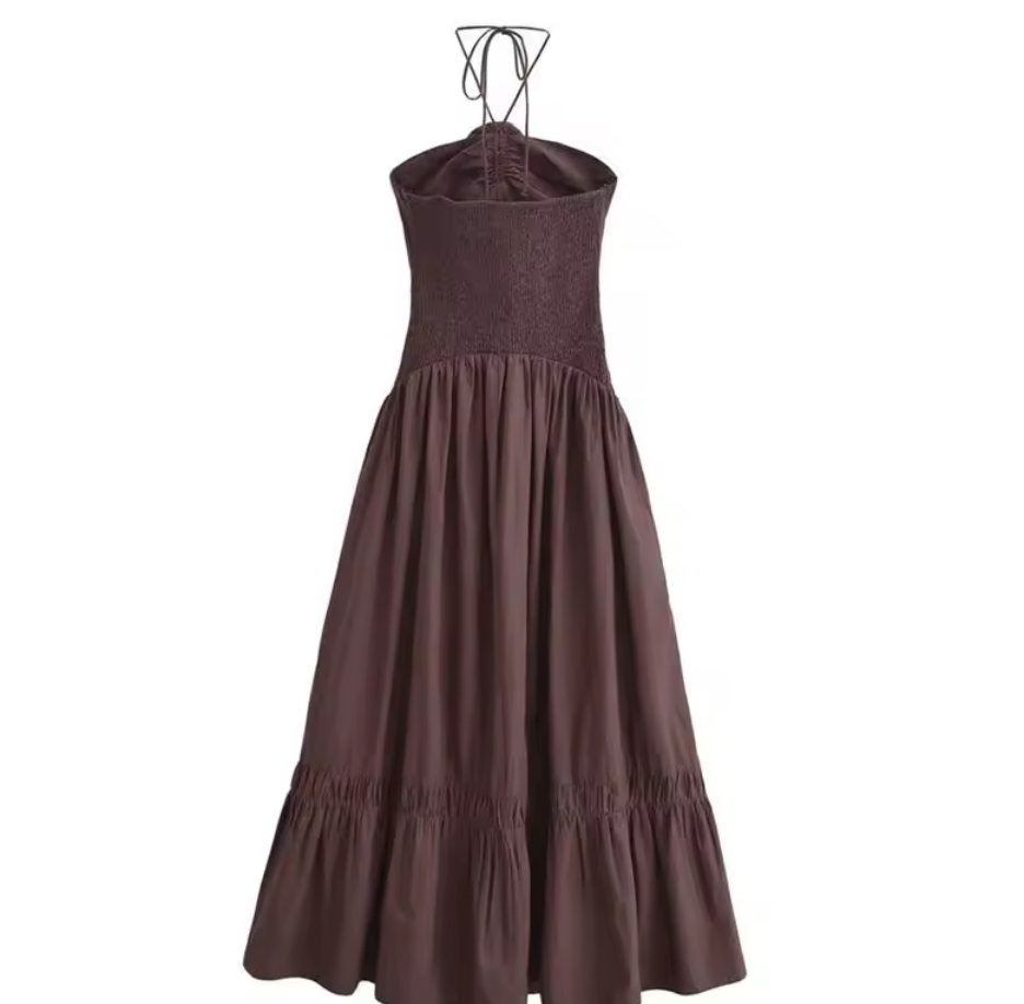 Brown Halter Rosette Smocked Maxi Dress
