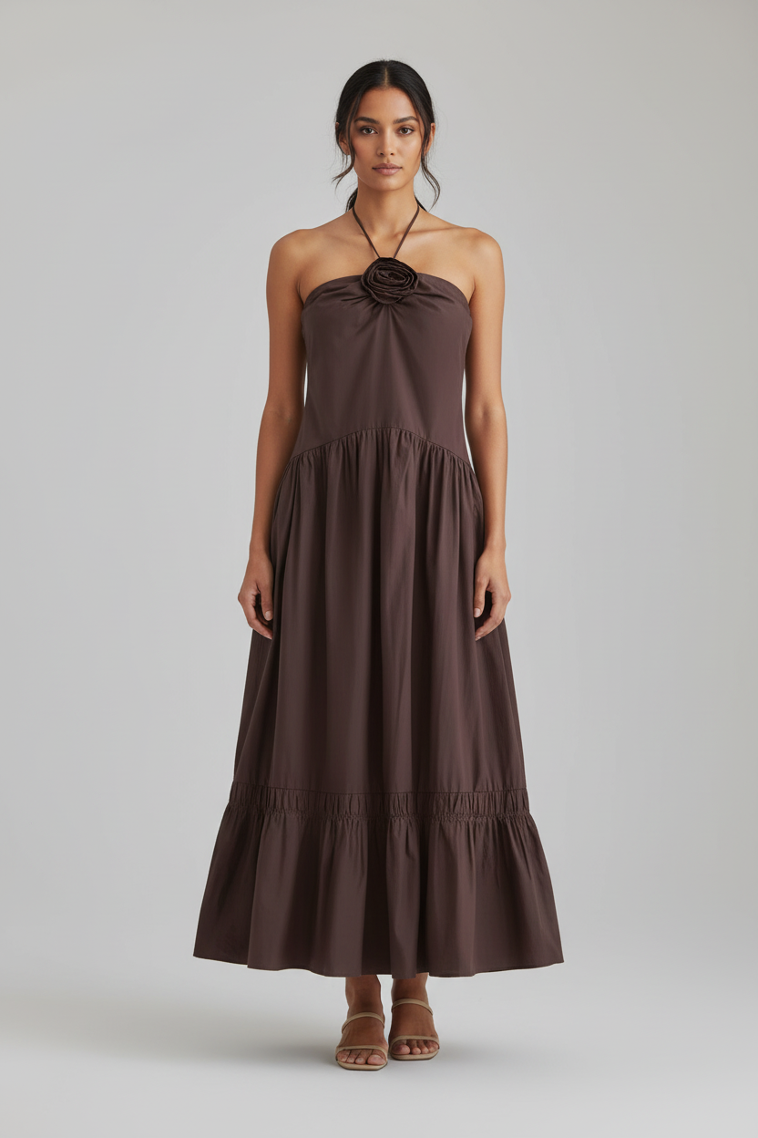Brown Halter Rosette Smocked Maxi Dress