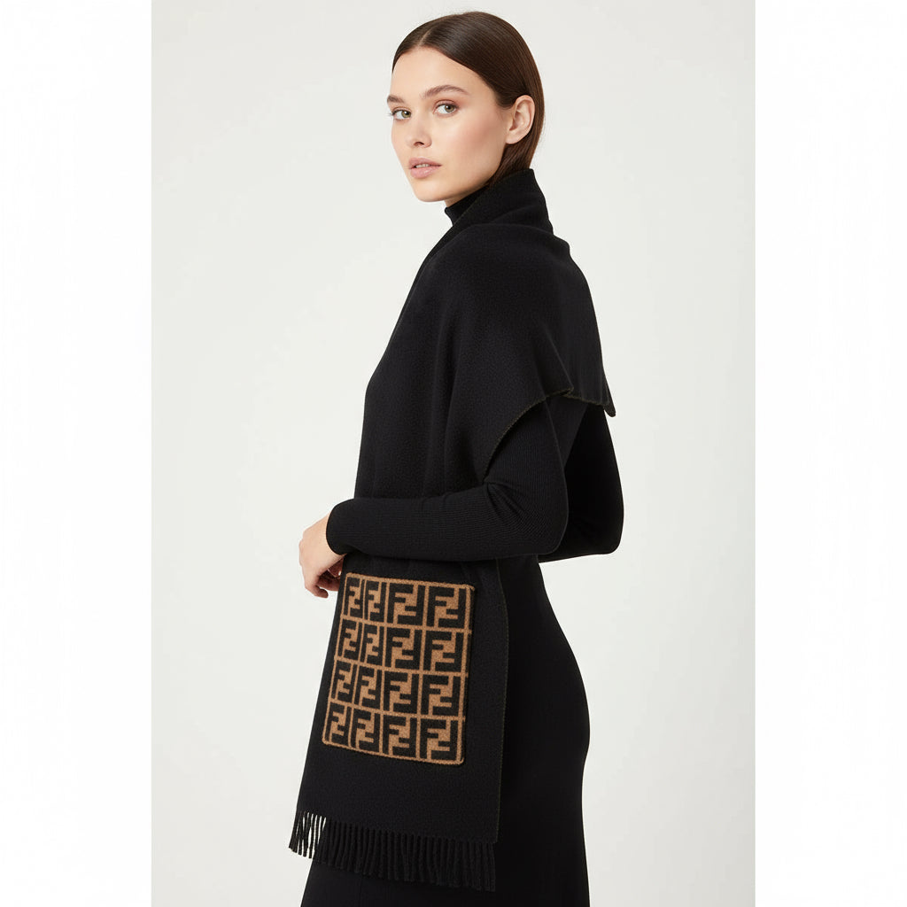 FENDI  Wool-Cashmere Scarf Black / Brown – 100% Authentic Excellent ✨Previously Owned Condition ~25% Off MSRP