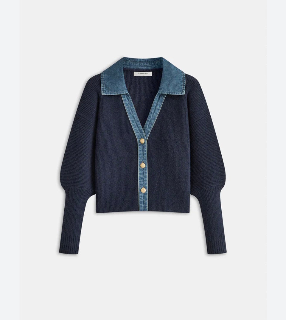 Ribbed Knit Denim Polo Collar Cardigan