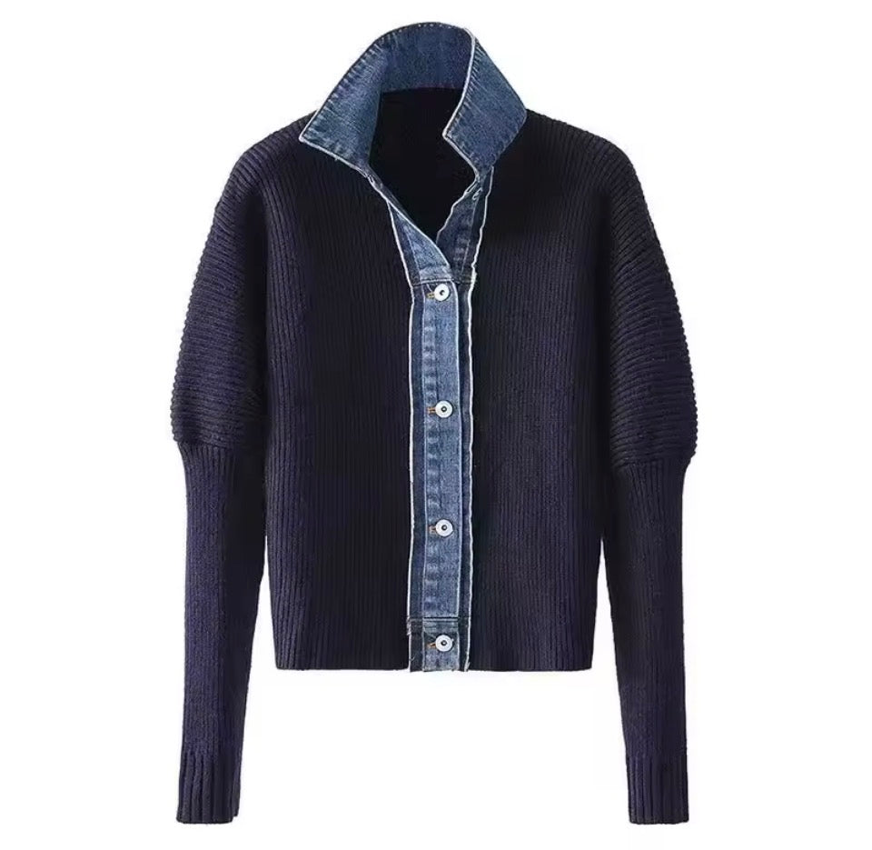 Ribbed Knit Denim Polo Collar Cardigan