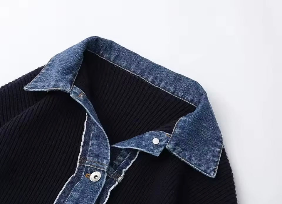 Ribbed Knit Denim Polo Collar Cardigan
