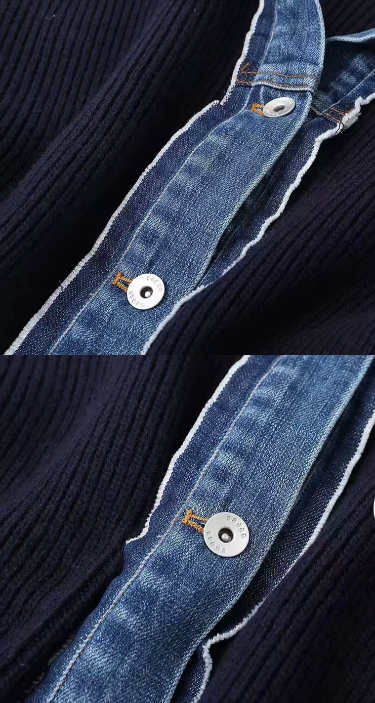 Ribbed Knit Denim Polo Collar Cardigan