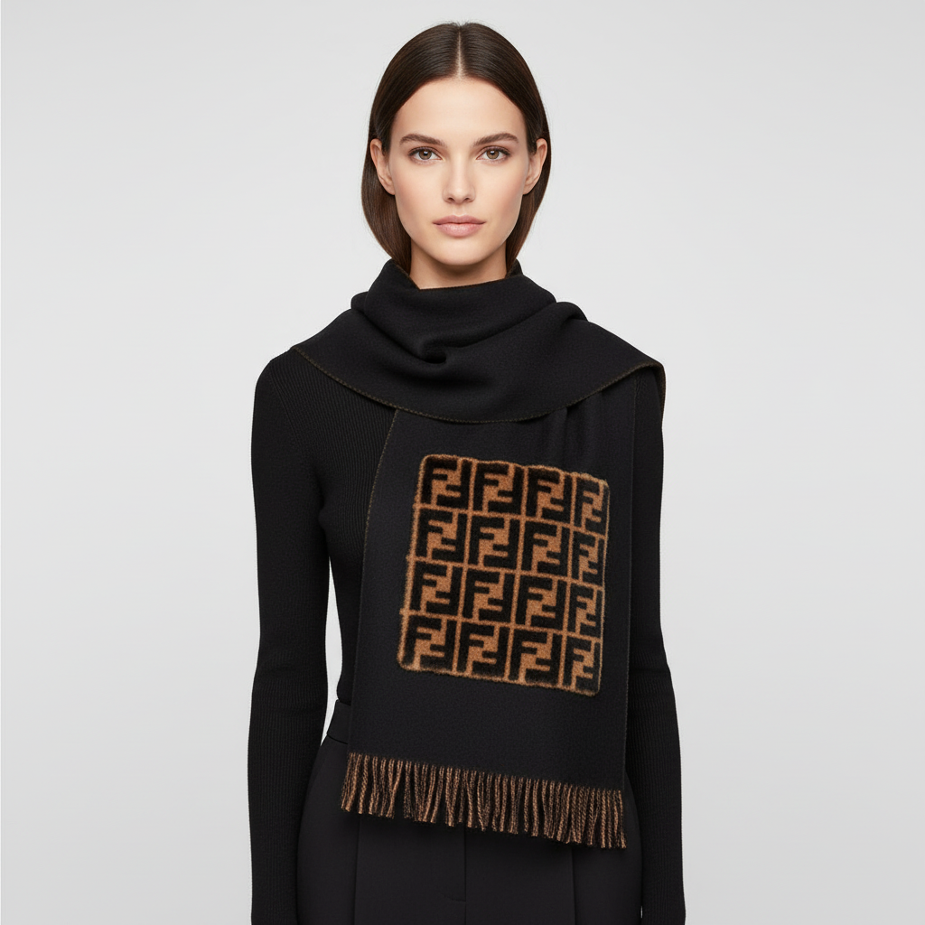 FENDI  Wool-Cashmere Scarf Black / Brown – 100% Authentic Excellent ✨Previously Owned Condition ~25% Off MSRP