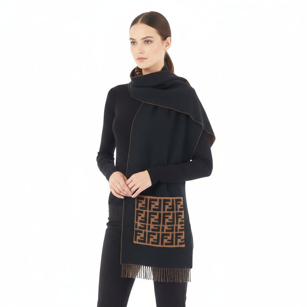 FENDI  Wool-Cashmere Scarf Black / Brown – 100% Authentic Excellent ✨Previously Owned Condition ~25% Off MSRP