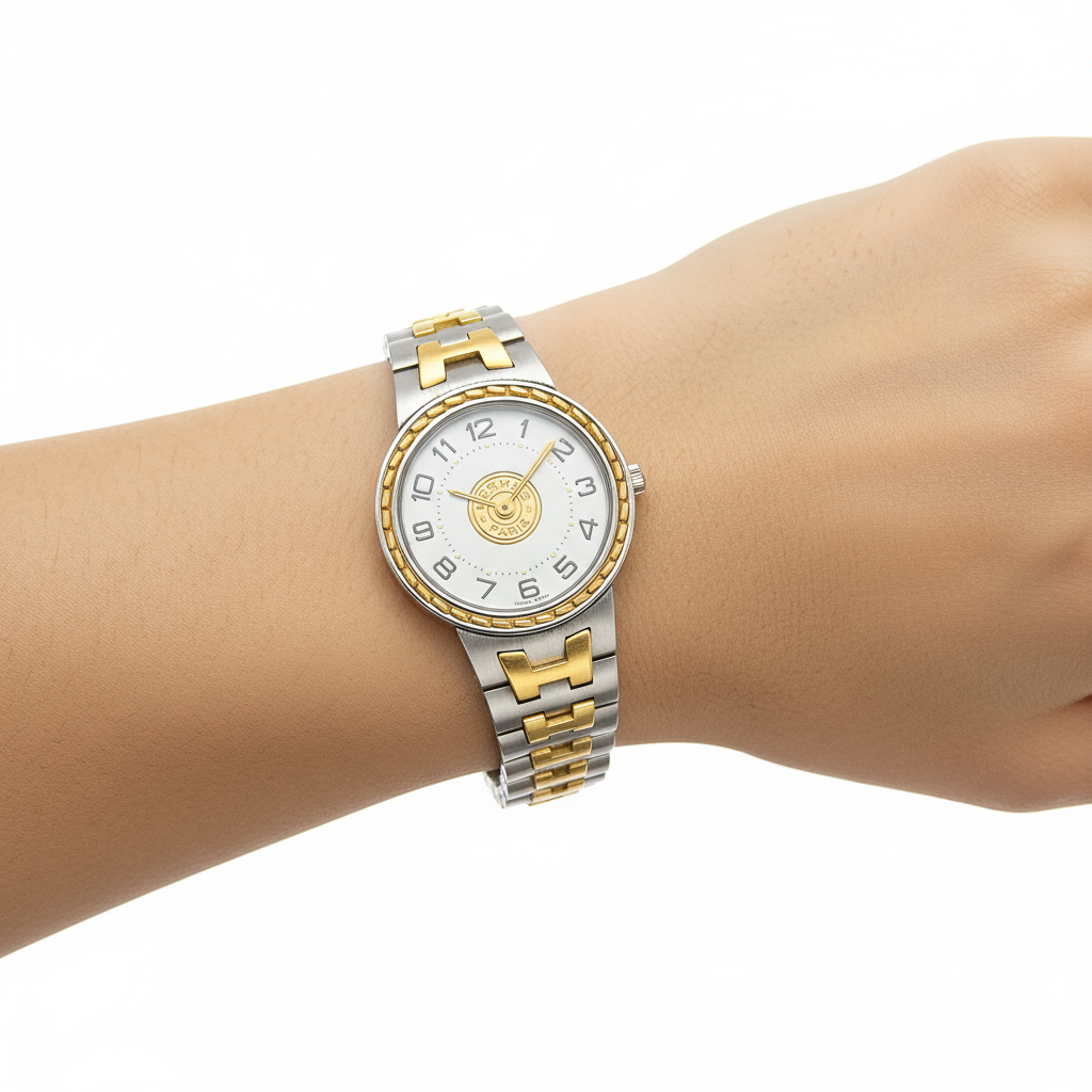 HERMÈS – Stainless Steel & Gold-Plated Quartz Watch – White Dial – Women’s Serie Model – 100% Authentic ✨Previously Owned Very Good Condition ~31% Off MSRP